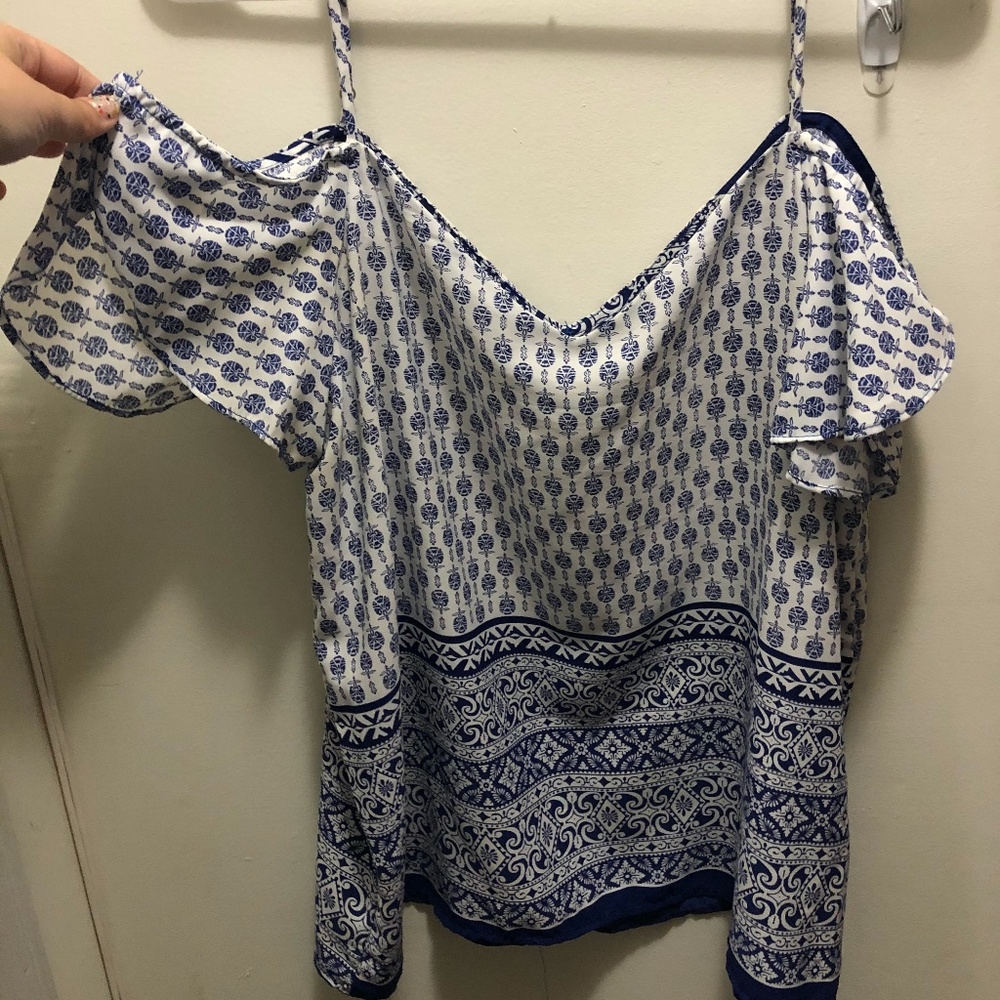 Blue & White Cold Shoulder Patterned Blouse-Size L